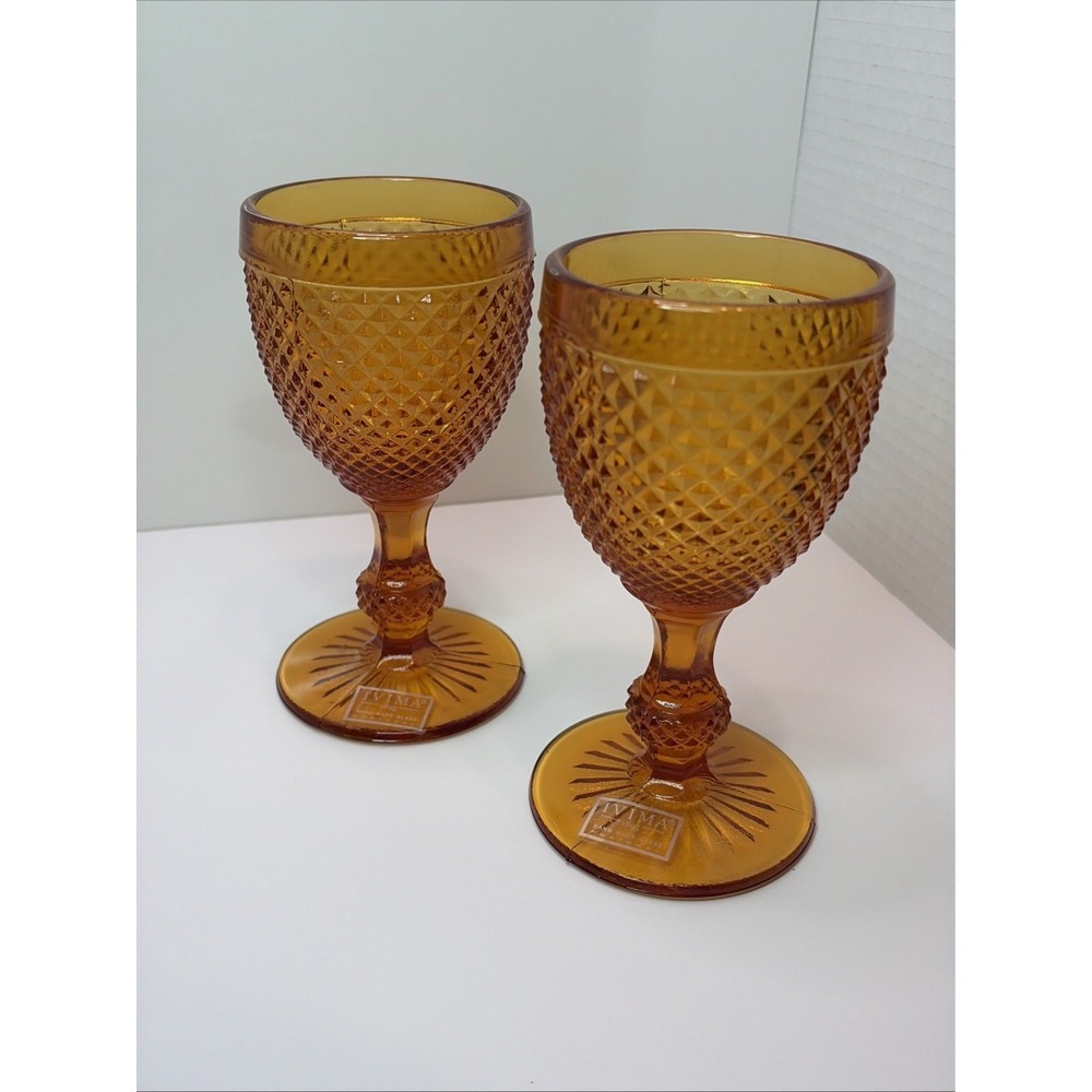 Ivima Diamond Point Goblets Amber Hand Made in Portugal Set of Two
